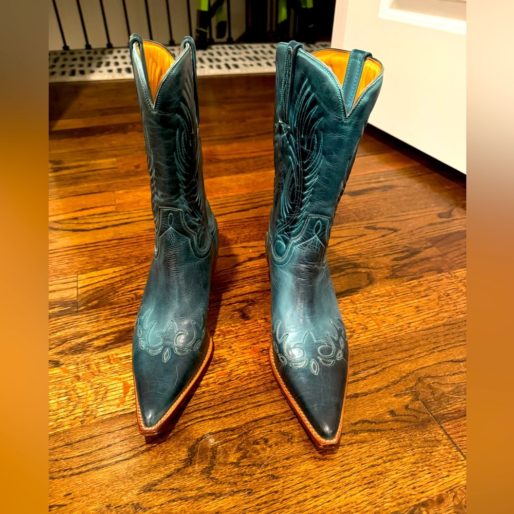 Charlie Horse teal leather cowboy boots with long pointed toe